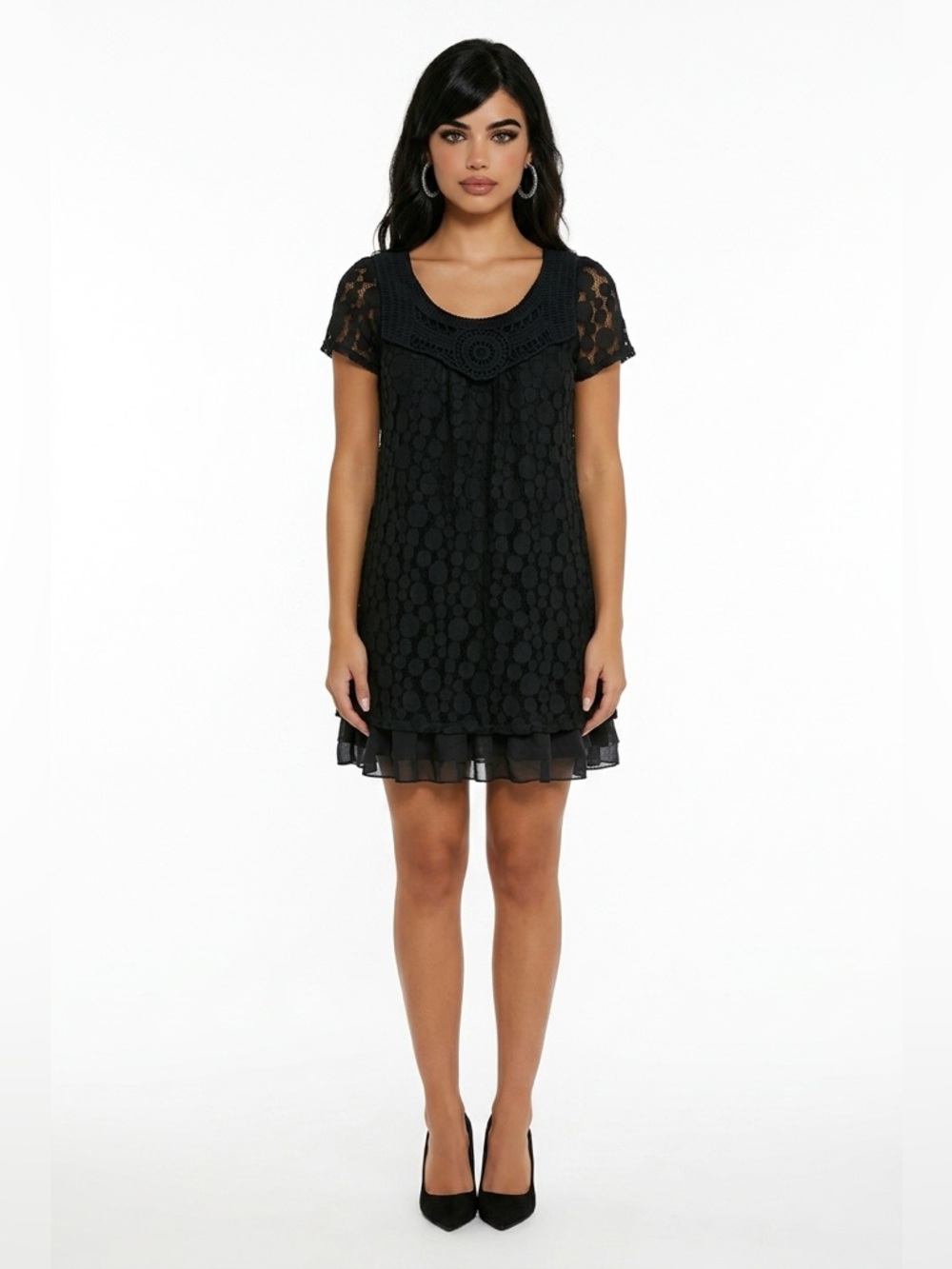Black Lace Polka Dot Babydoll Tunic Dress Crochet Neckline Tiered Hem